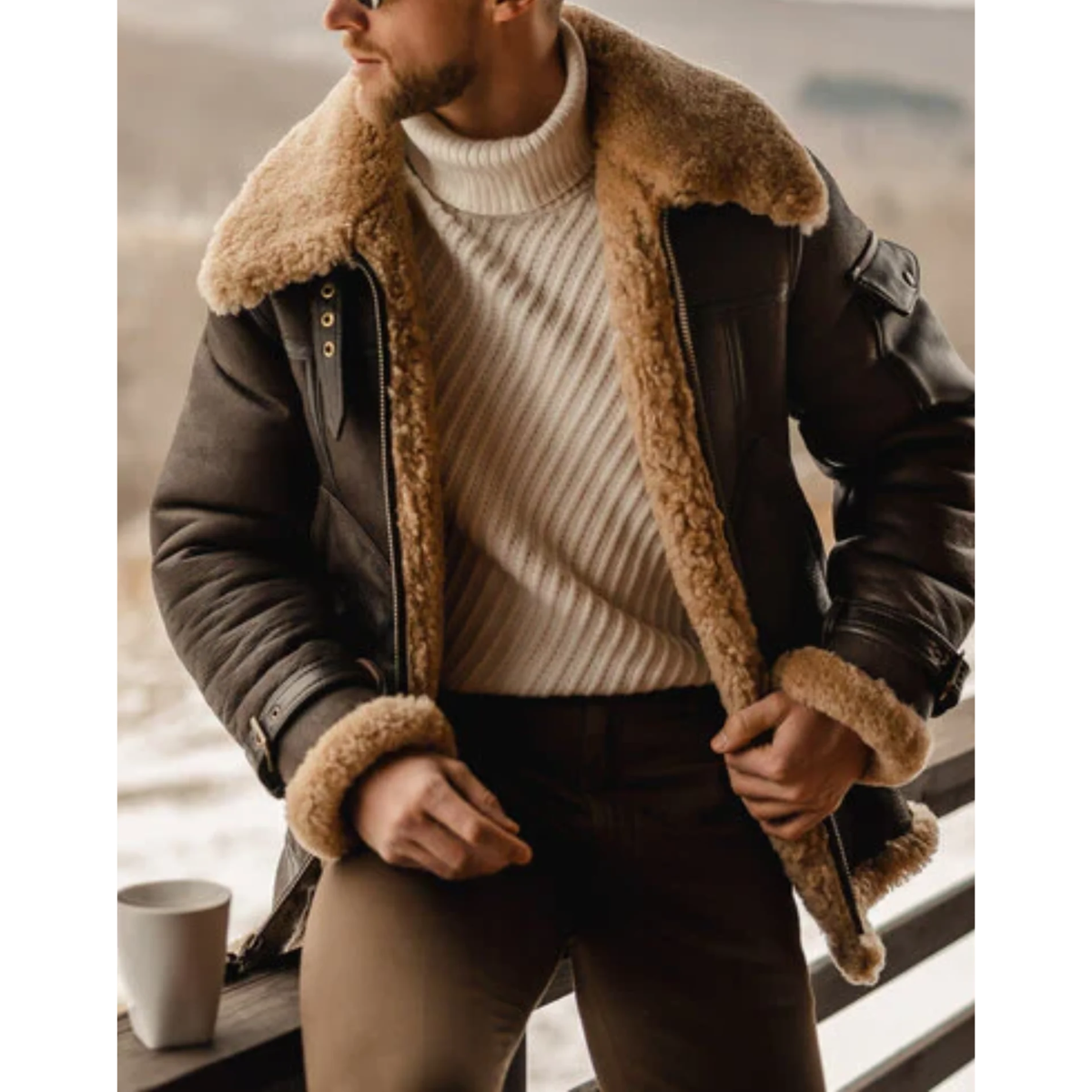 Men’s Brown B3 Flying Shearling Leather Long Jacket image 0
