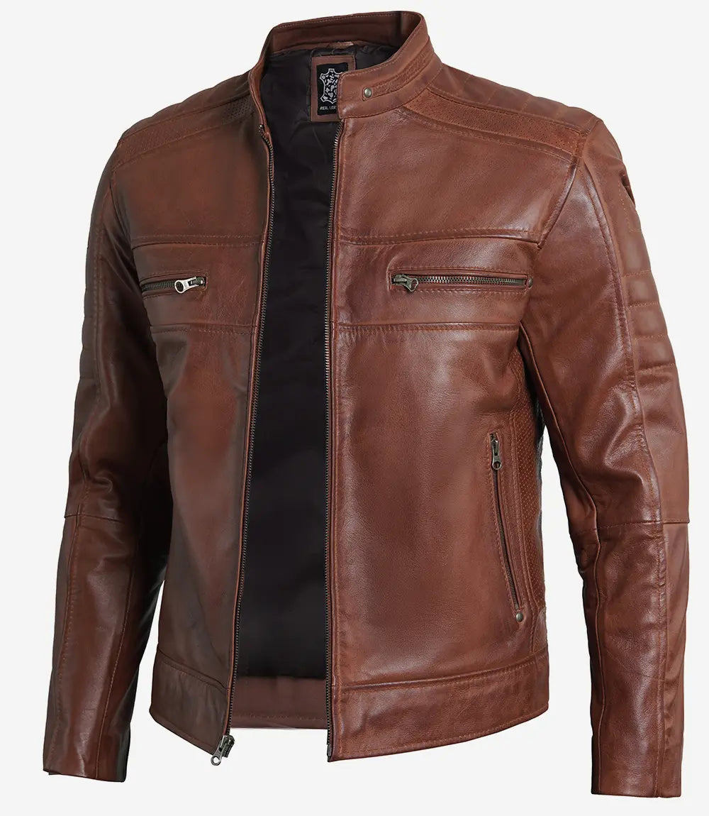 Men's Cognac Brown Cafe Racer Leather Jacket image 1