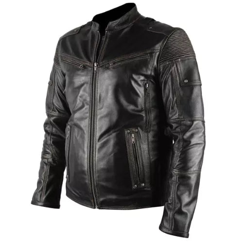 Ultimate Distressed Black Biker Genuine Real Leather Jacket image 1
