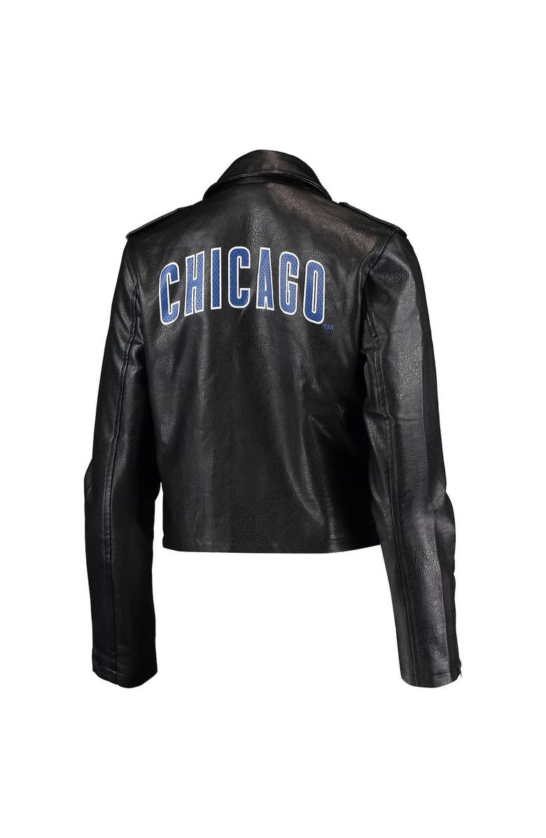 Women's The Wild Collective Black Chicago Cubs Faux Leather Moto Full-Zip Jacket image 2