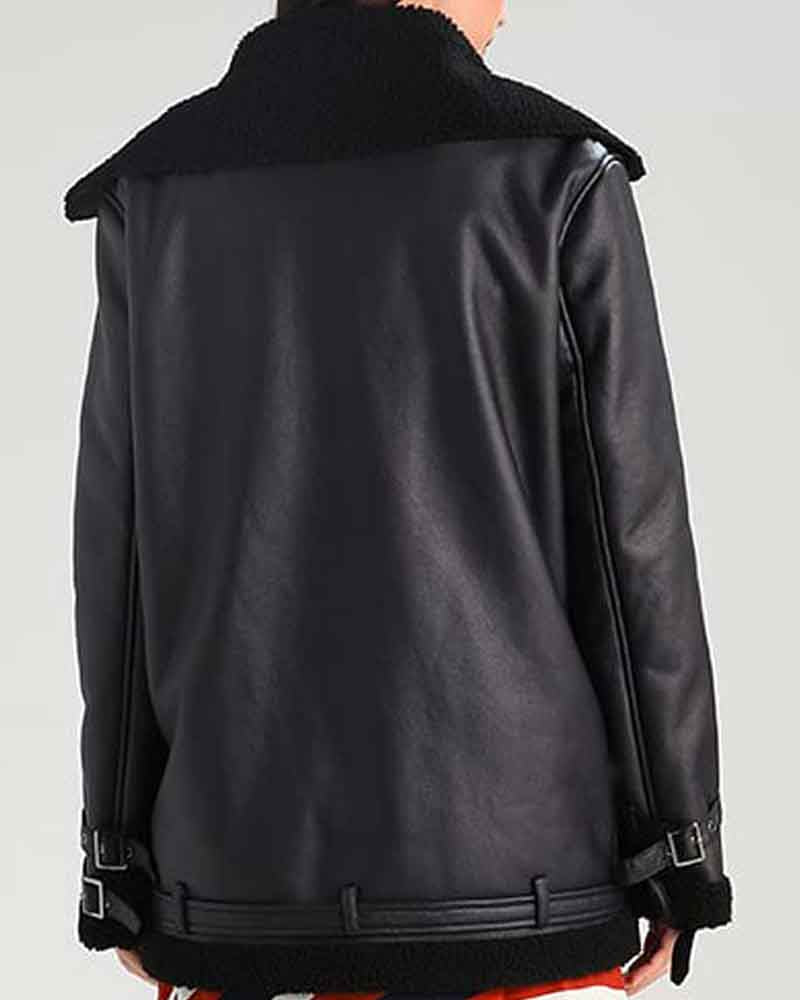 Womens Black Leather Shearling Aviator Jacket image 1