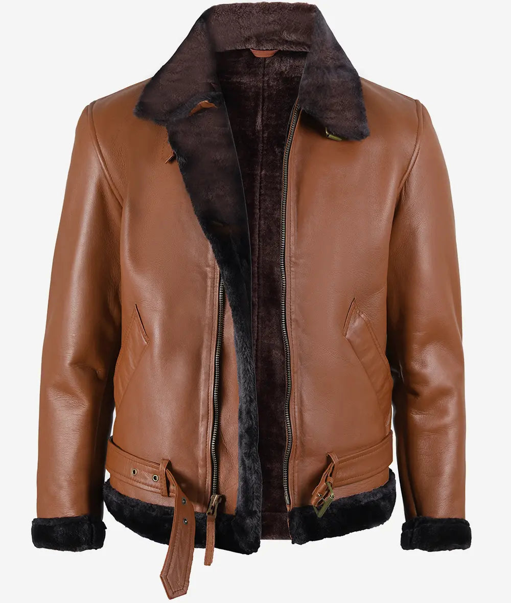 Men's Cognac Leather Shearling Bomber Jacket with Shearling Collar and Cuffs. image 1