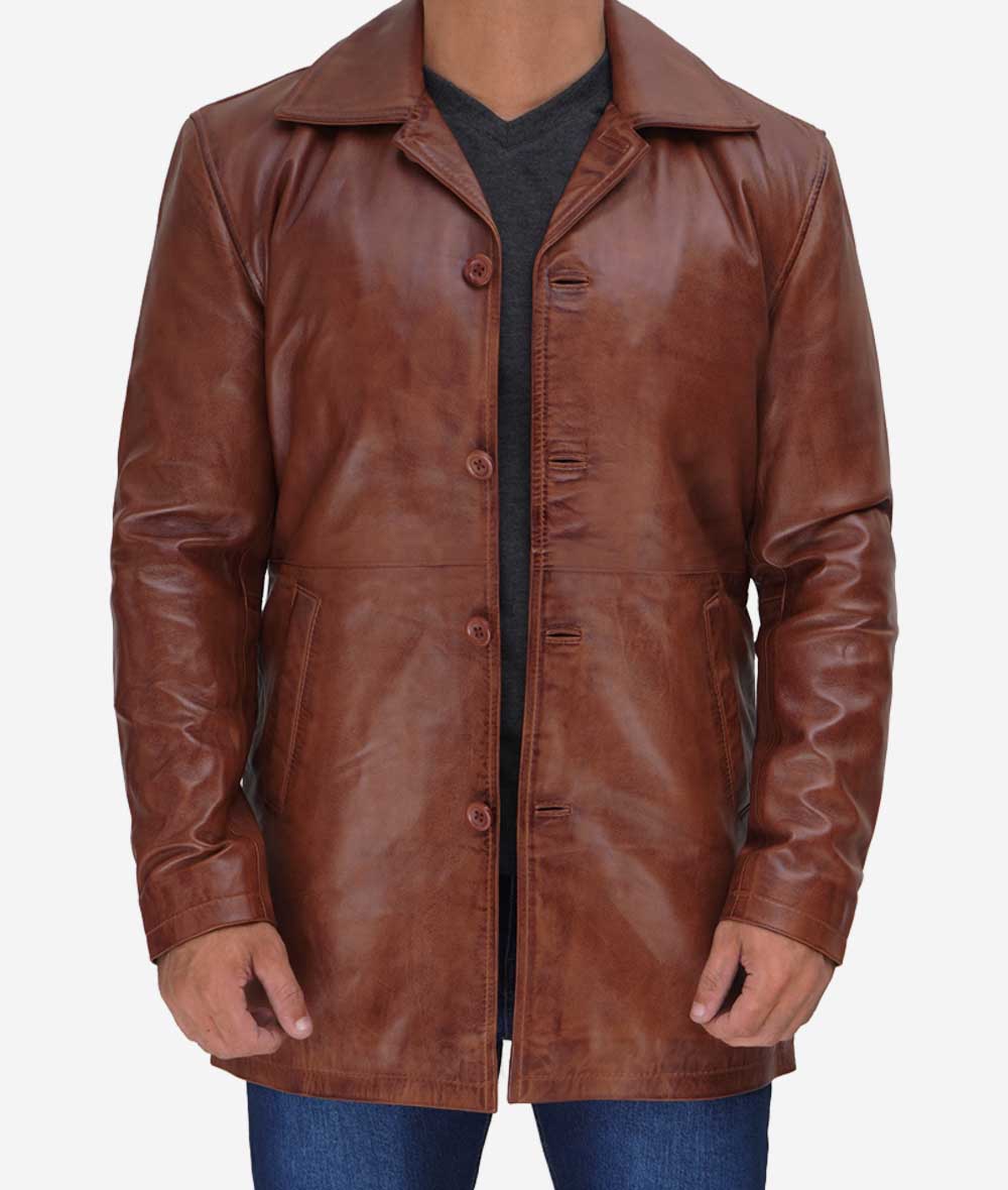 Men's Cognac Real Leather Car Coat image 1