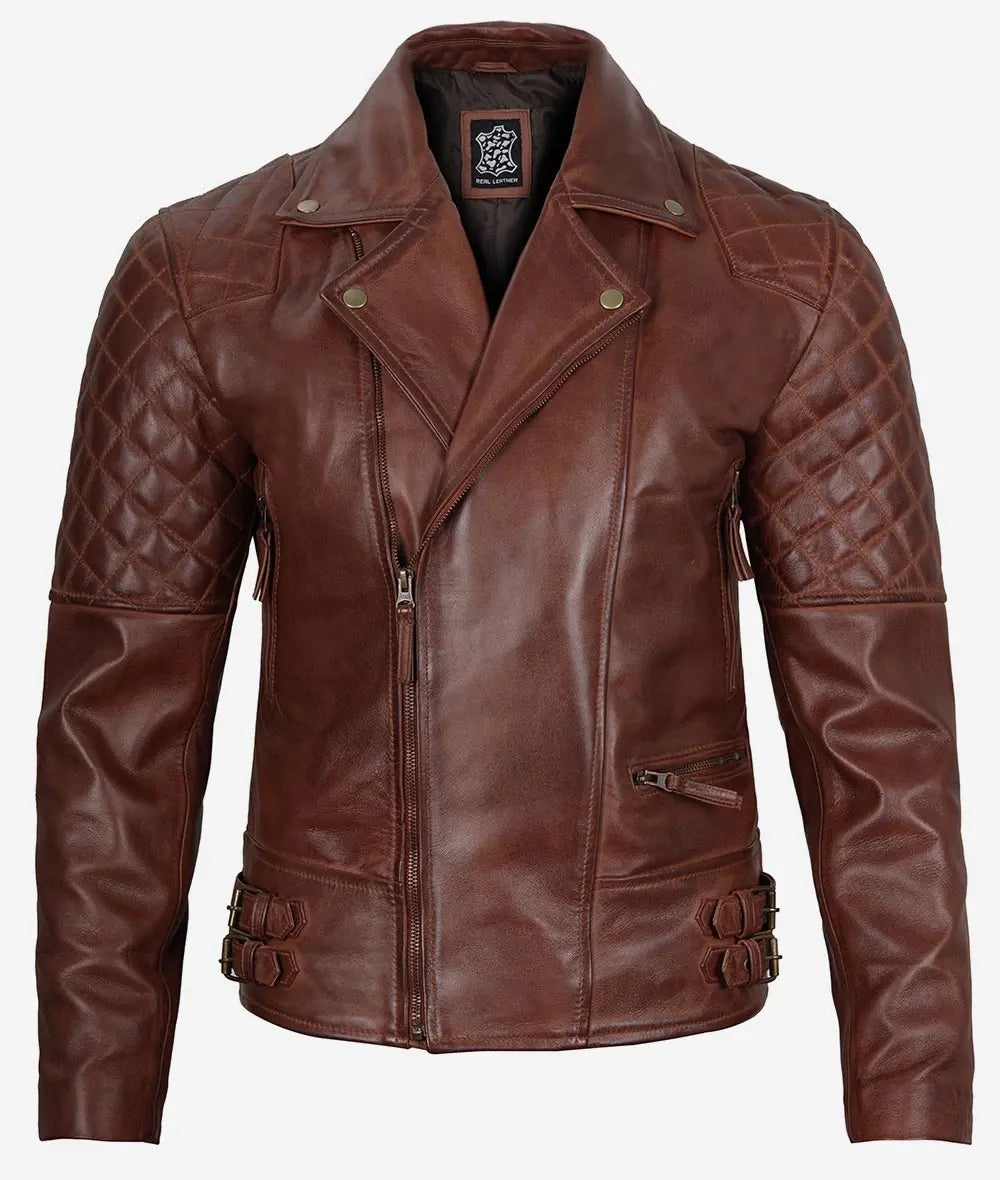 Men's Cognac Brown Leather Biker Jacket image 0