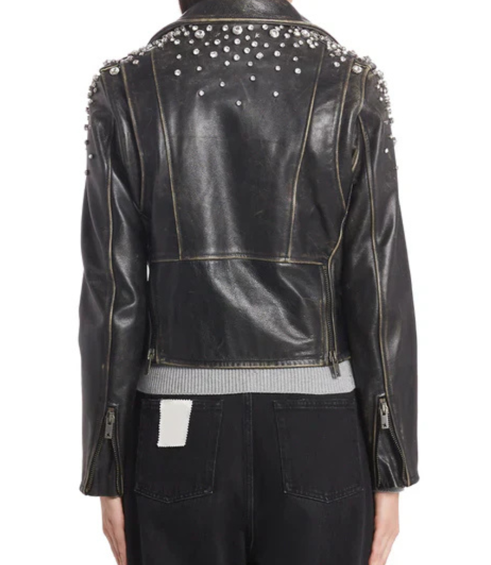 Women's Crystal Embellished Leather Moto Jacket image 1