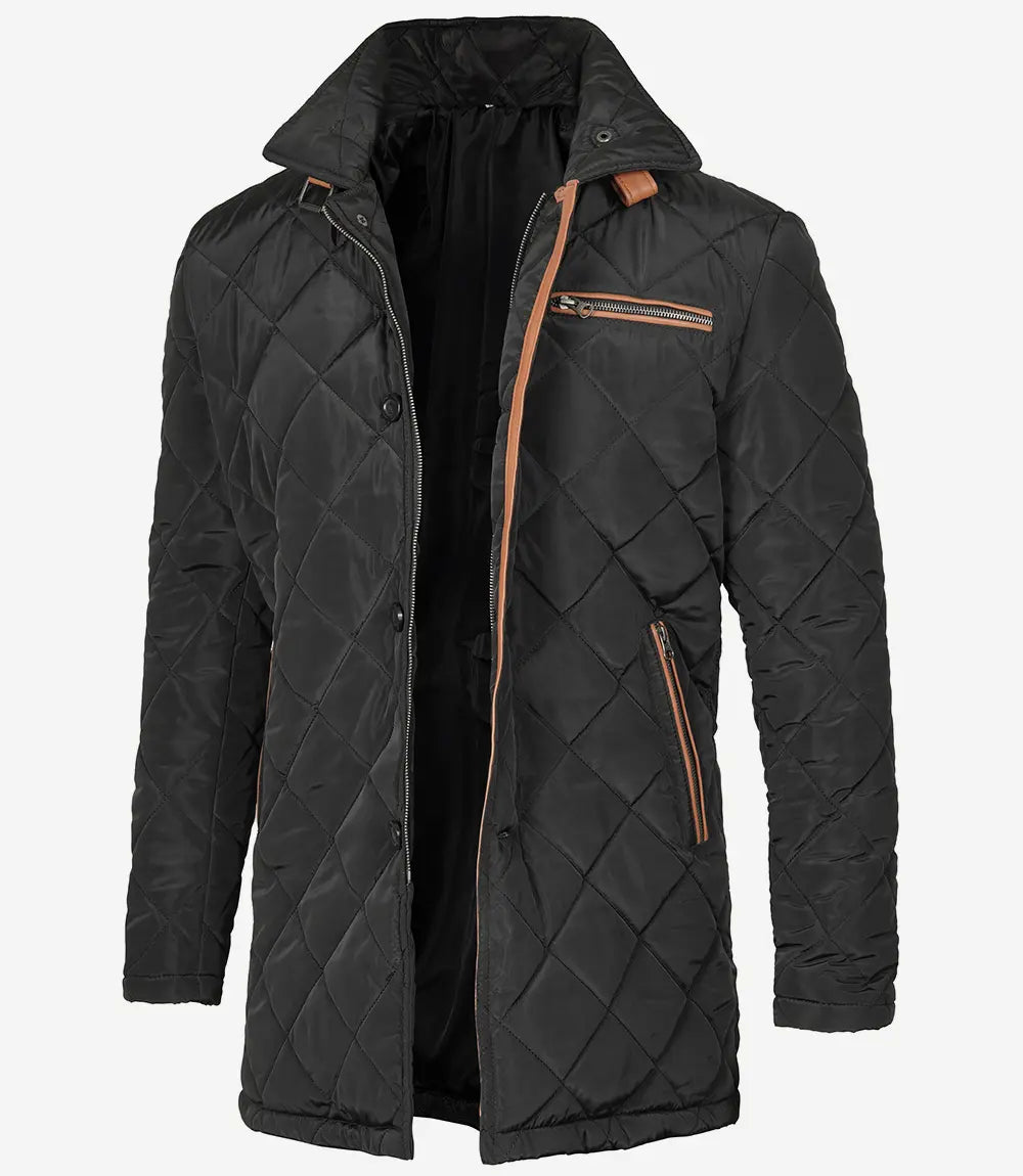 Men's Black Quilted 3/4 Length Polyester Coat - Brown Detailing image 0