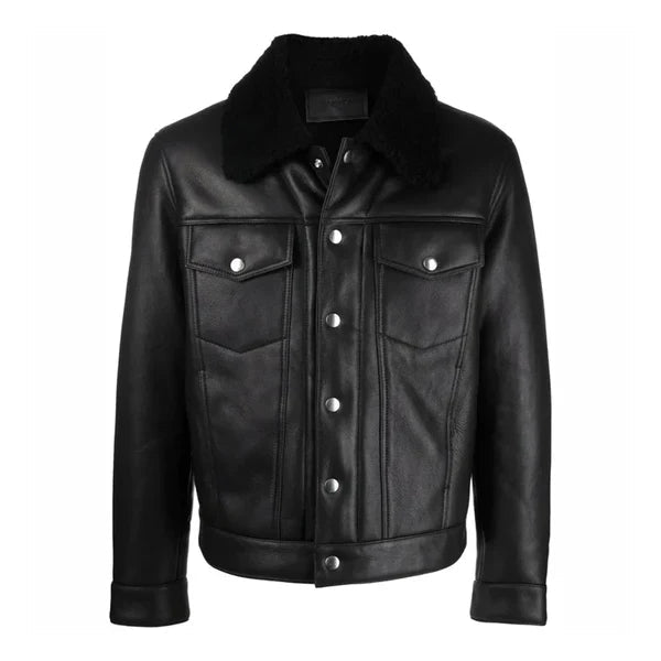 Men's Faux Shearling Fur Collar Black Bomber Leather Jacket image 0