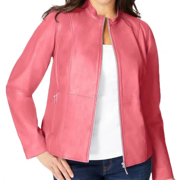 Women's Pink Front Zip Leather Jacket image 0