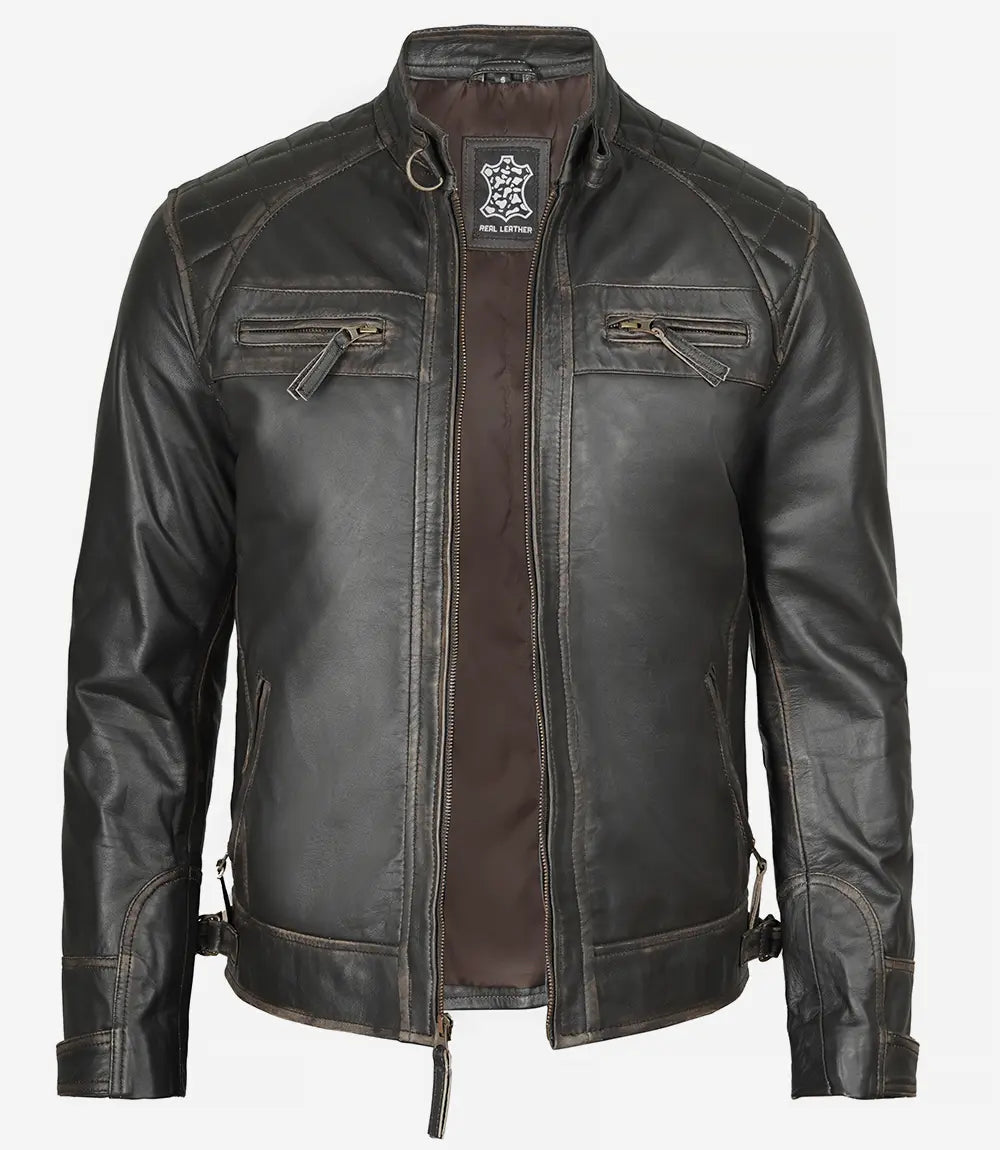 Men's Dark Brown Quilted Cafe Racer Leather Jacket image 1