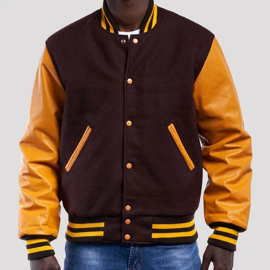 Men's Brown and Bright Gold Wool Varsity Jacket image 0