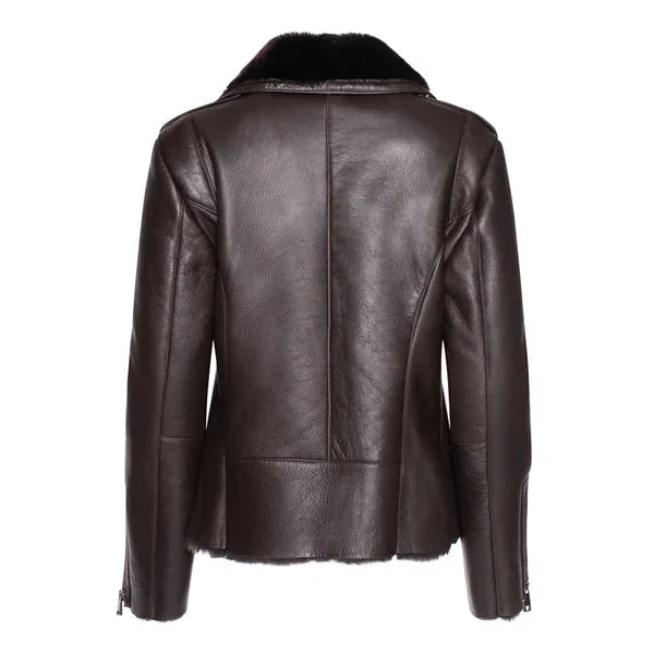 Women's Brown Shearling Straight Moto Leather Jacket image 1