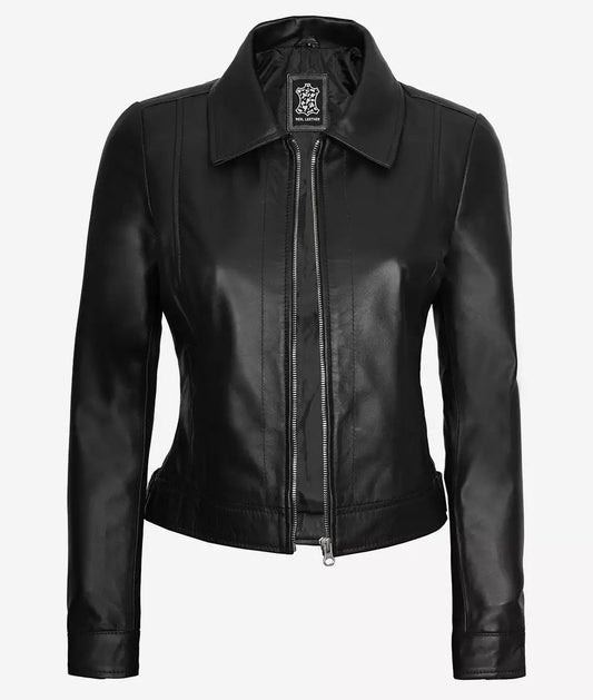 Jose Women's Black Harrington Shirt Collar Leather Jacket image 0