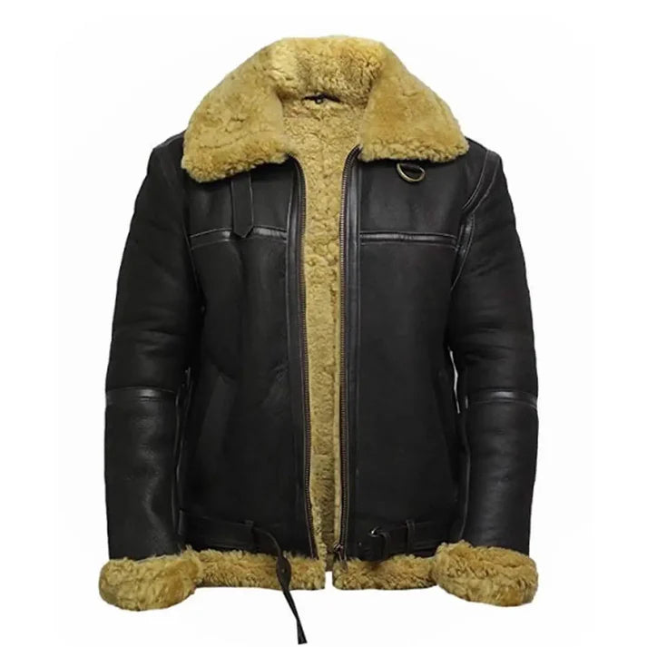 Men's Black Faux Shearling Bomber Real Leather Jacket image 0