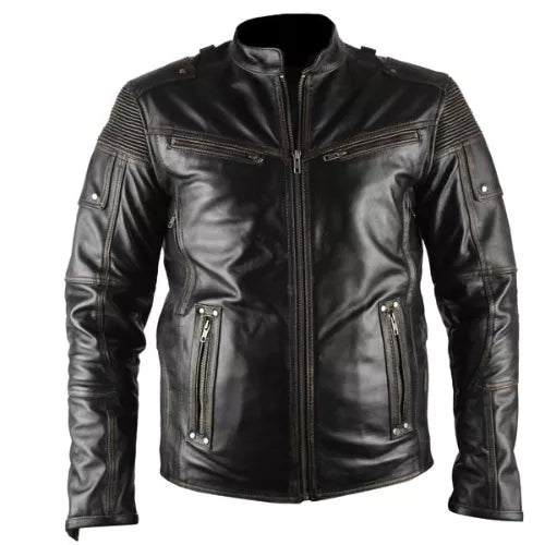 Ultimate Distressed Black Biker Genuine Real Leather Jacket image 0