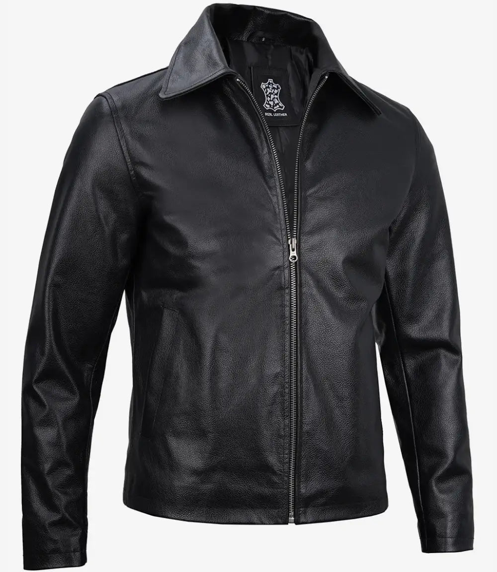 Men's Black Cowhide Shirt Collar Leather Jacket image 1