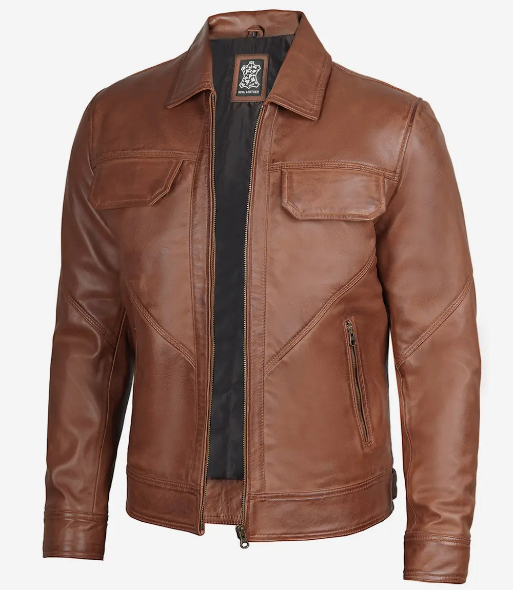 Men's Cognac Shirt Collar Trucker Leather Jacket image 0