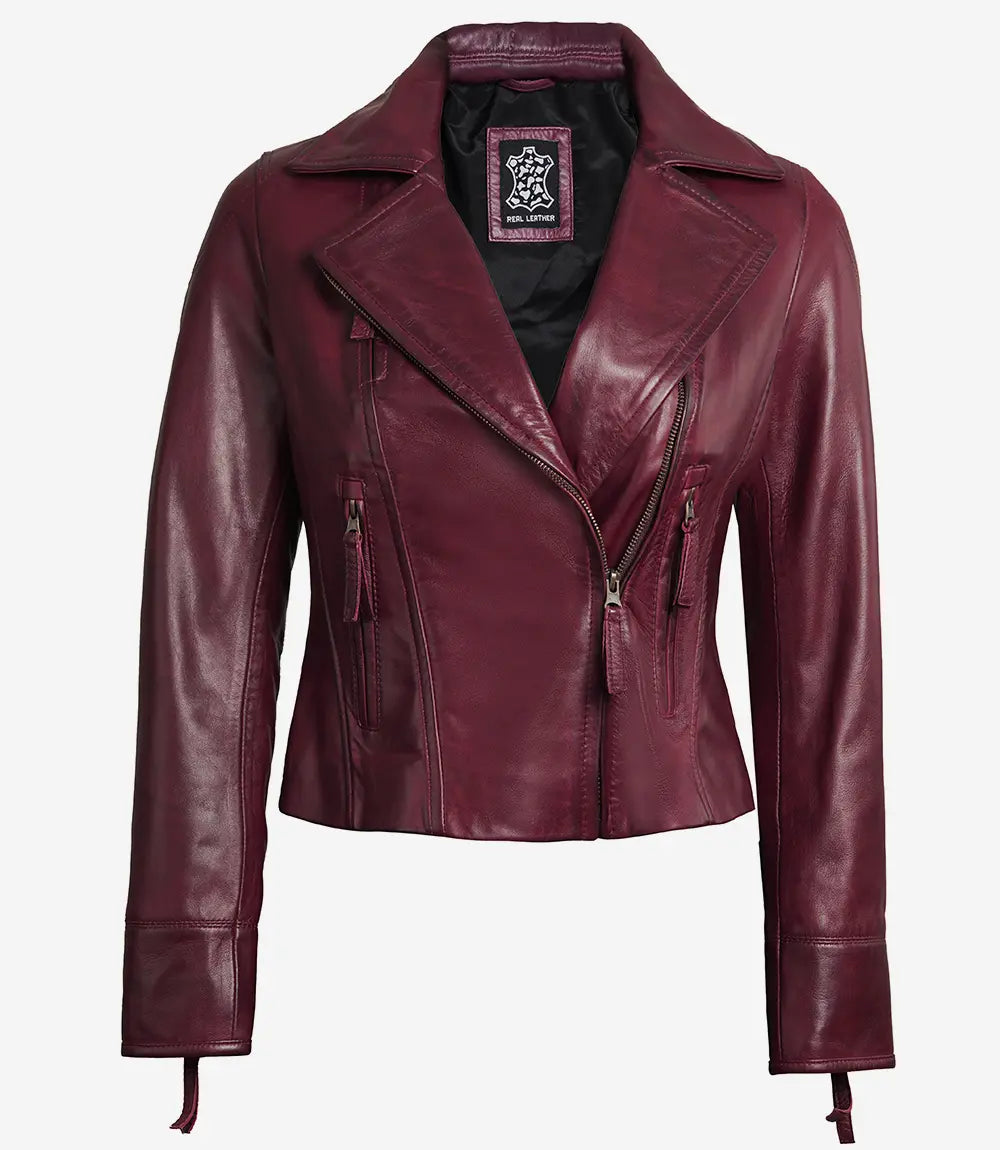 Women's Maroon Real Lambskin Leather Moto Jacket image 0