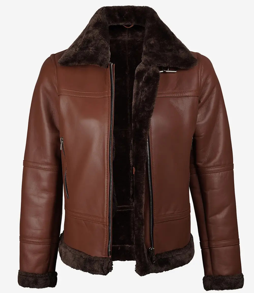 Women's B3 Cognac Shearling Lined Bomber Jacket image 1