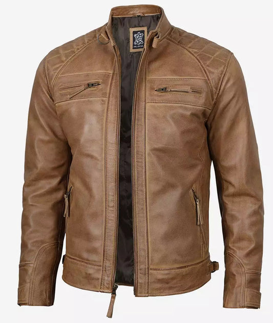 Men's Camel Brown Quilted Shoulder Cafe Racer Leather Jacket image 0