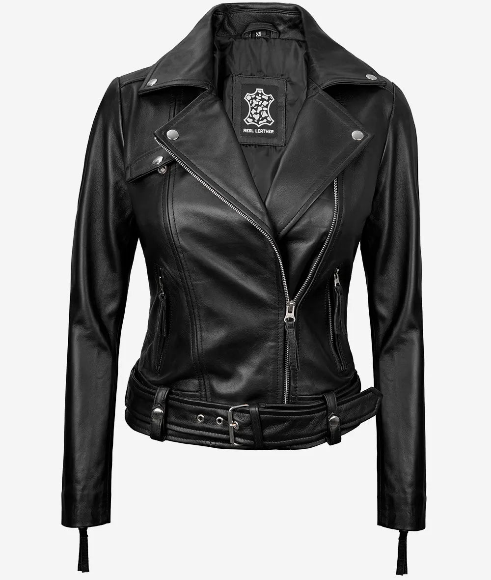 Women's Asymmetrical Black Leather Biker Jacket image 0