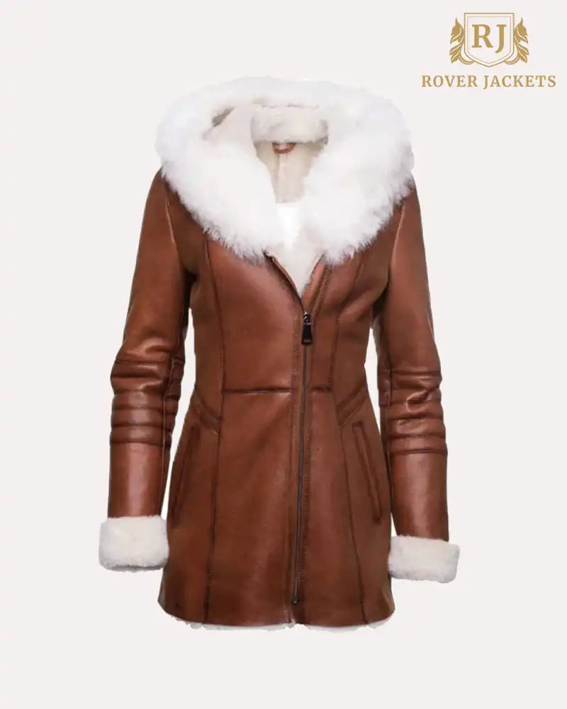 Womens Tan Shearling Trench Style Leather Coat with Fur Hooded image 0