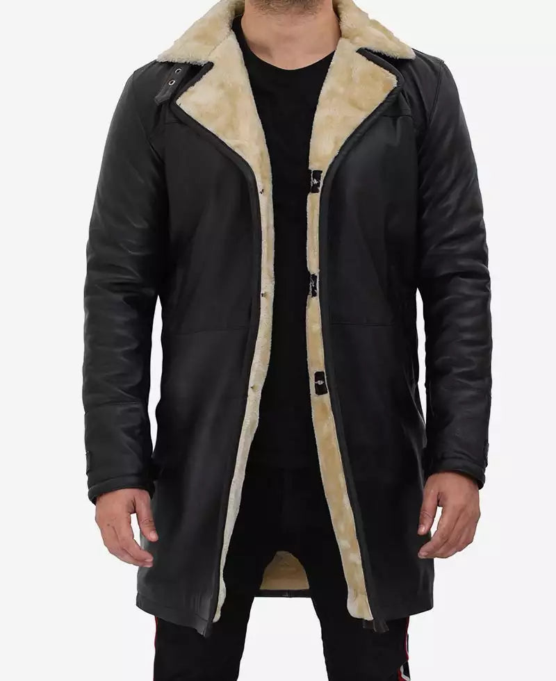 Men's 3/4 Black Length Shearling Leather Coat image 1