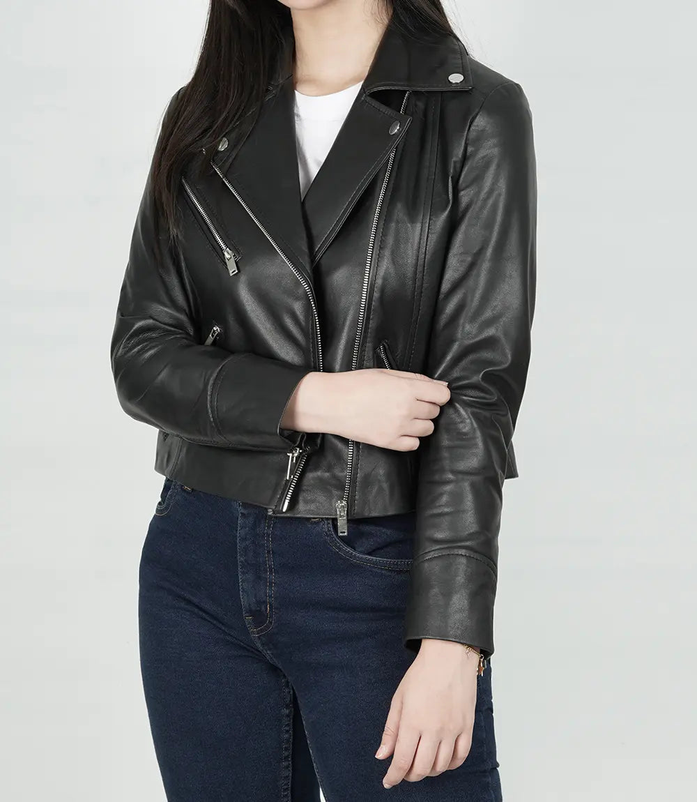 Women's Black Relaxed Fit Real Lambskin Leather Moto Jacket image 1