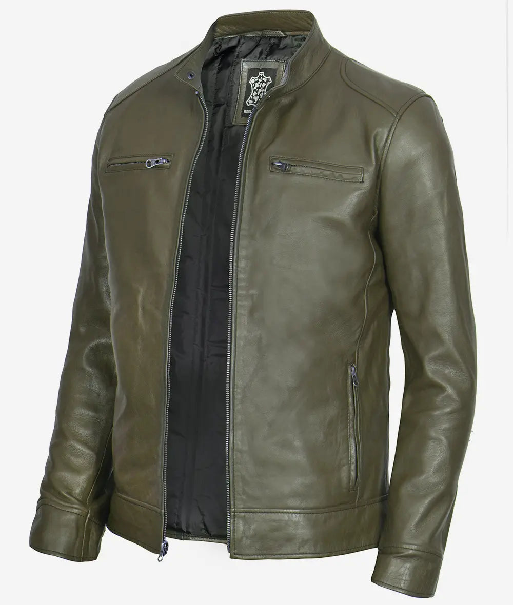 Dodge Men's Cafe Racer Military Green Real Leather Jacket image 0