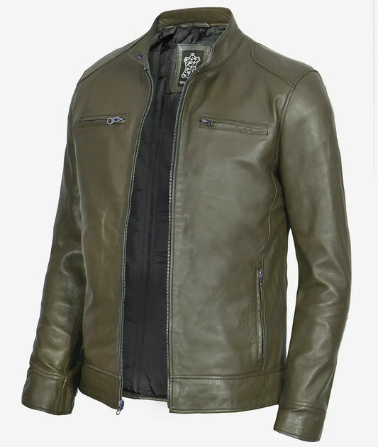 Dodge Men's Cafe Racer Military Green Real Leather Jacket image 0