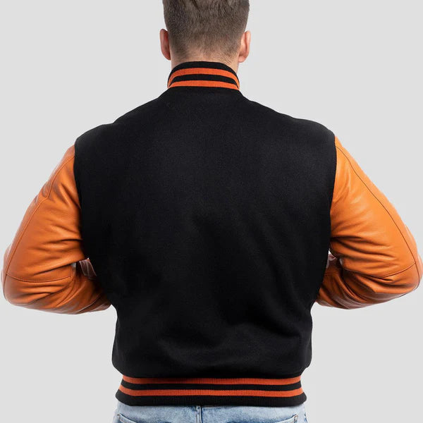 Men's Black and Orange Wool Varsity Jacket image 1
