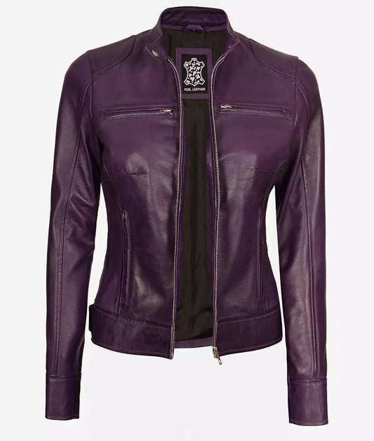 Dodge Women's Purple Cafe Racer Real Lambskin Leather Jacket image 0