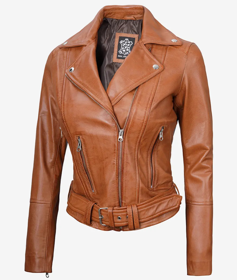 Women's Brown Asymmetrical Belted Leather Jacket image 1