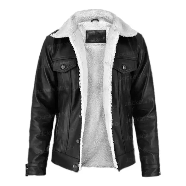Men's Aviator Faux Shearling Black Leather Jacket image 0