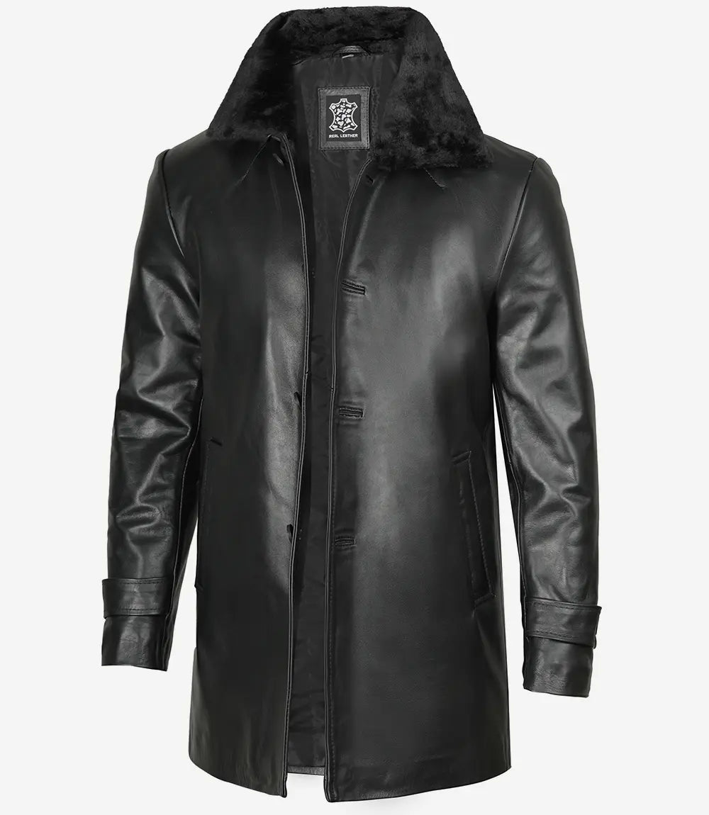 Men's Premium Black Leather Jacket with Shearling Collar image 1