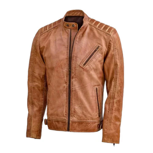 Men's Tan Nexus Biker Leather Jacket image 1