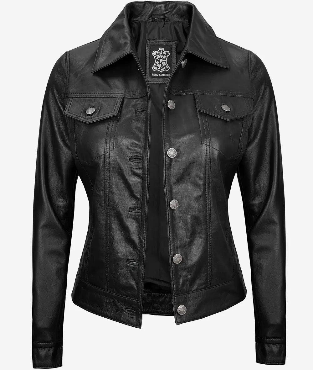 Women's Black Four-Pocket Lambskin Leather Trucker Jacket image 1