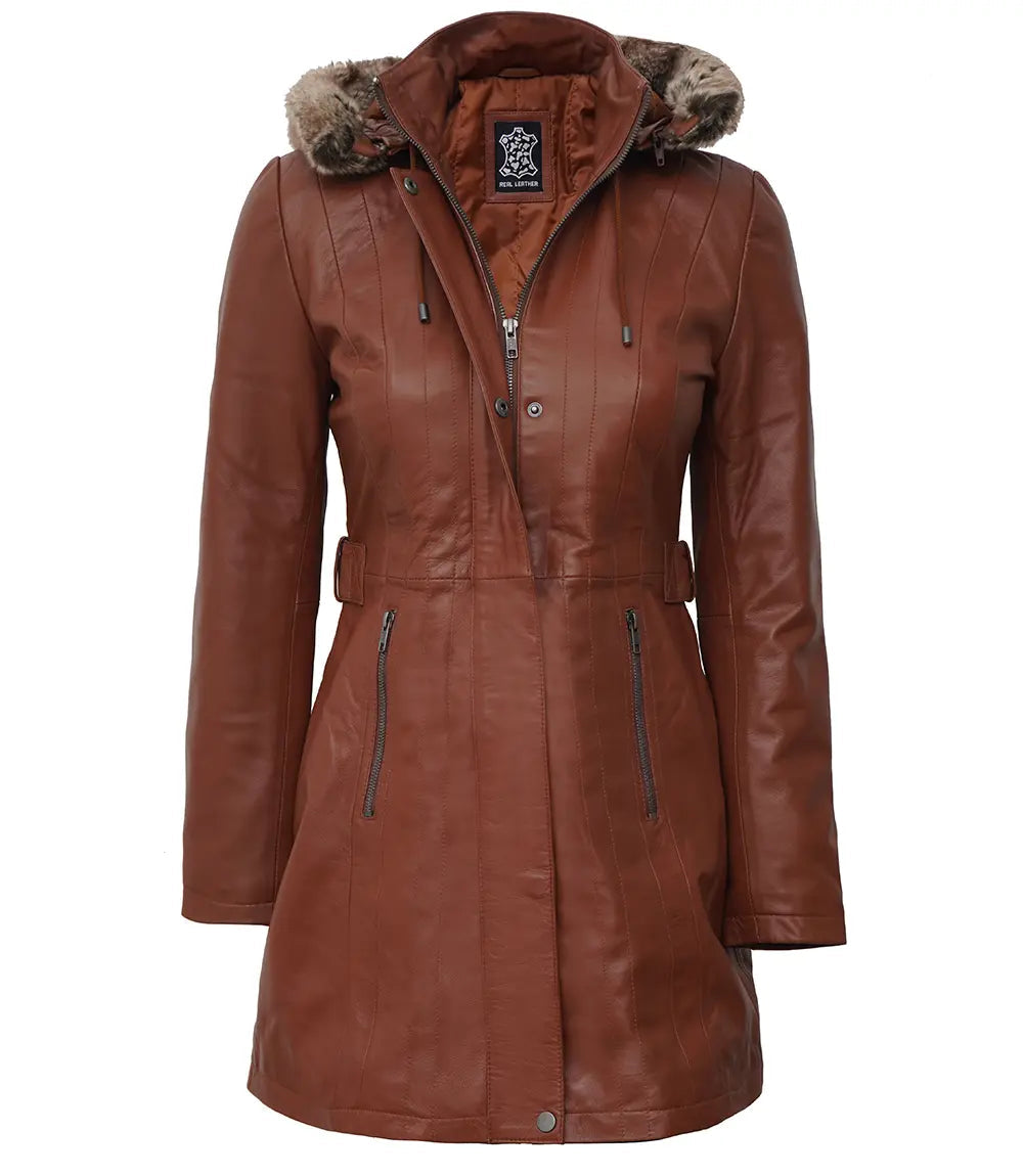 Women's Brown Leather Coat | Fur Trim Removable Hood image 1
