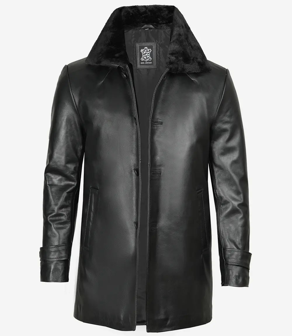 Men's Premium Black Leather Jacket with Shearling Collar image 0