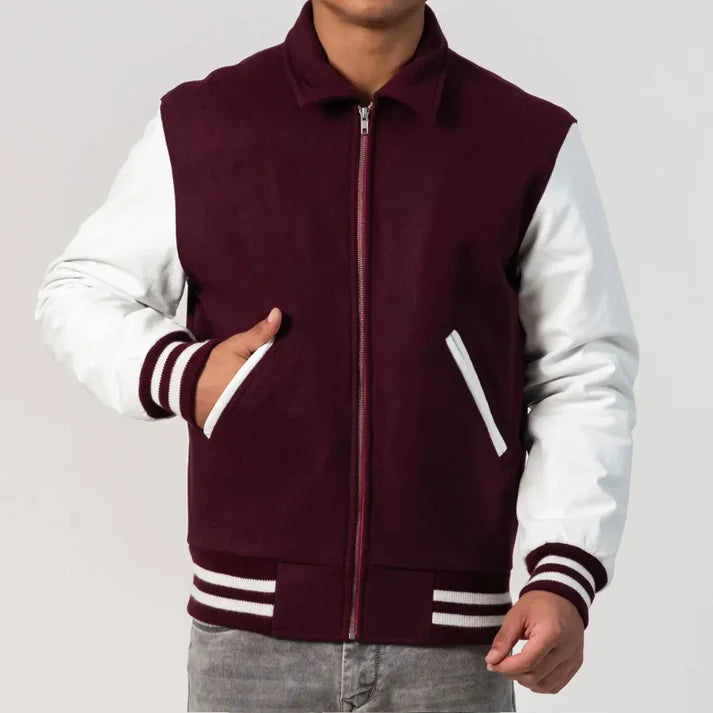 Men's Maroon & White Wool Varsity Jacket image 0
