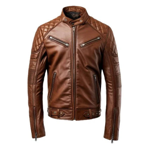 Men's Brown Racer Biker Leather Jacket image 0
