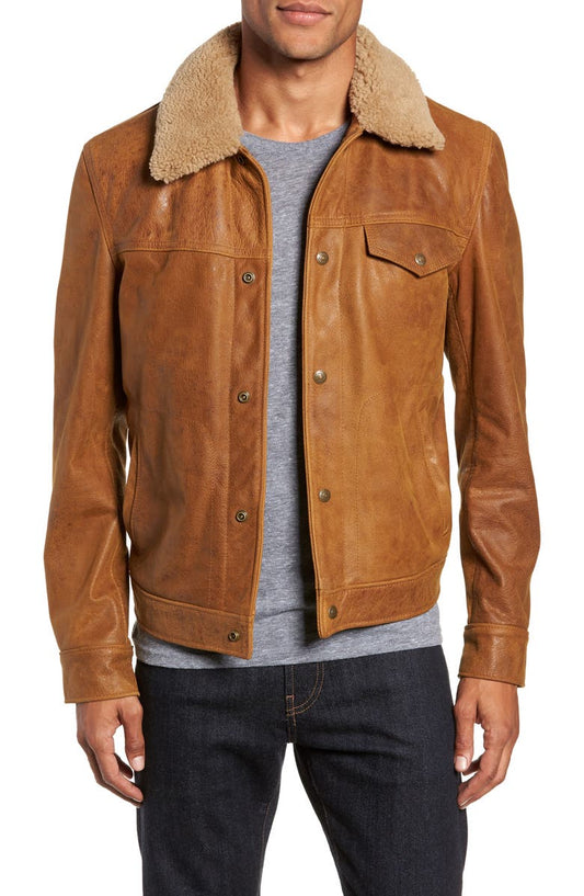 Vintage Buffalo Leather Trucker Jacket with Genuine Sheepskin Collar image 0