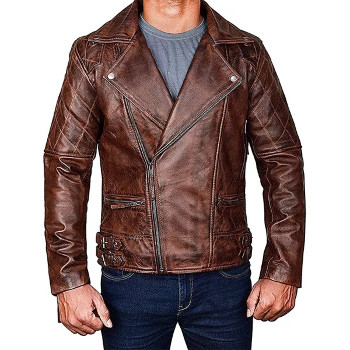 Men's Diamond Quilted Distressed Leather Jacket image 1
