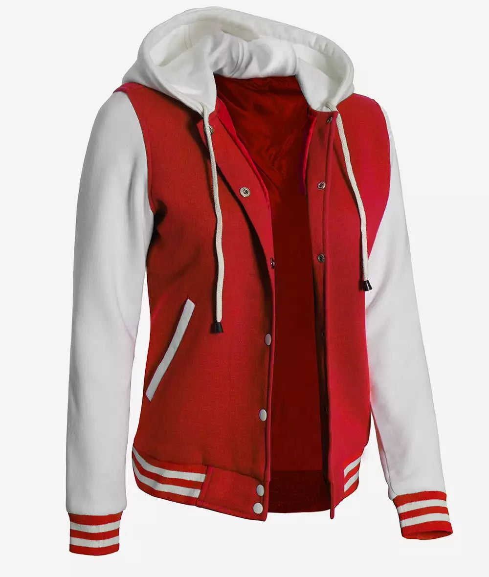 Women's Red and White Varsity Hooded Jacket - Baseball Style image 1