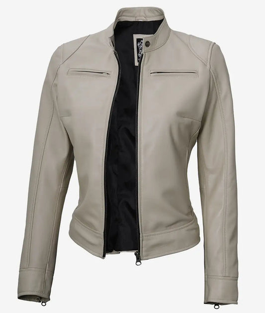 Dodge Women's Beige Cafe Racer Leather Jacket image 0