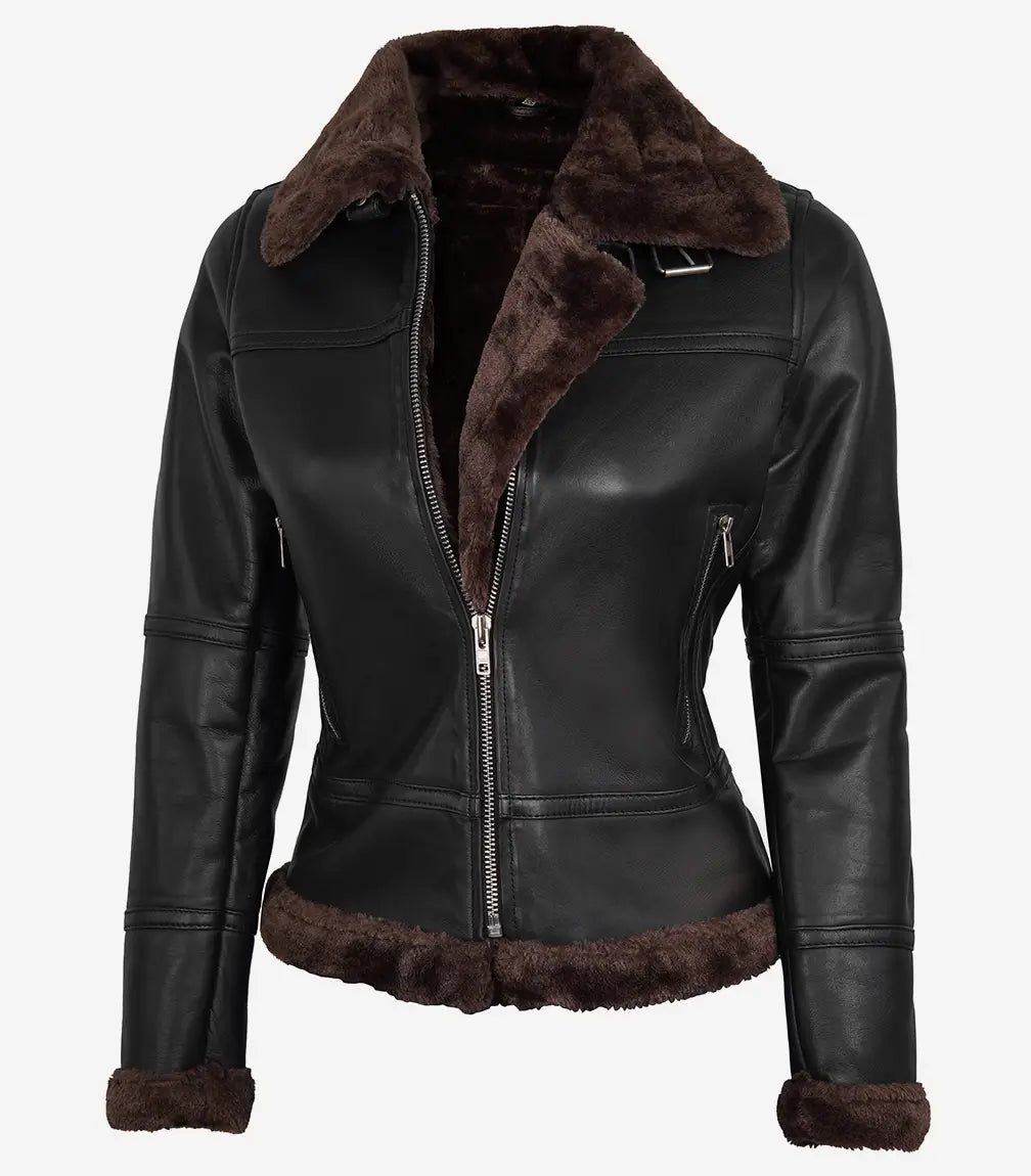 Women's Dark Brown B3 Shearling Bomber Leather Jacket image 0