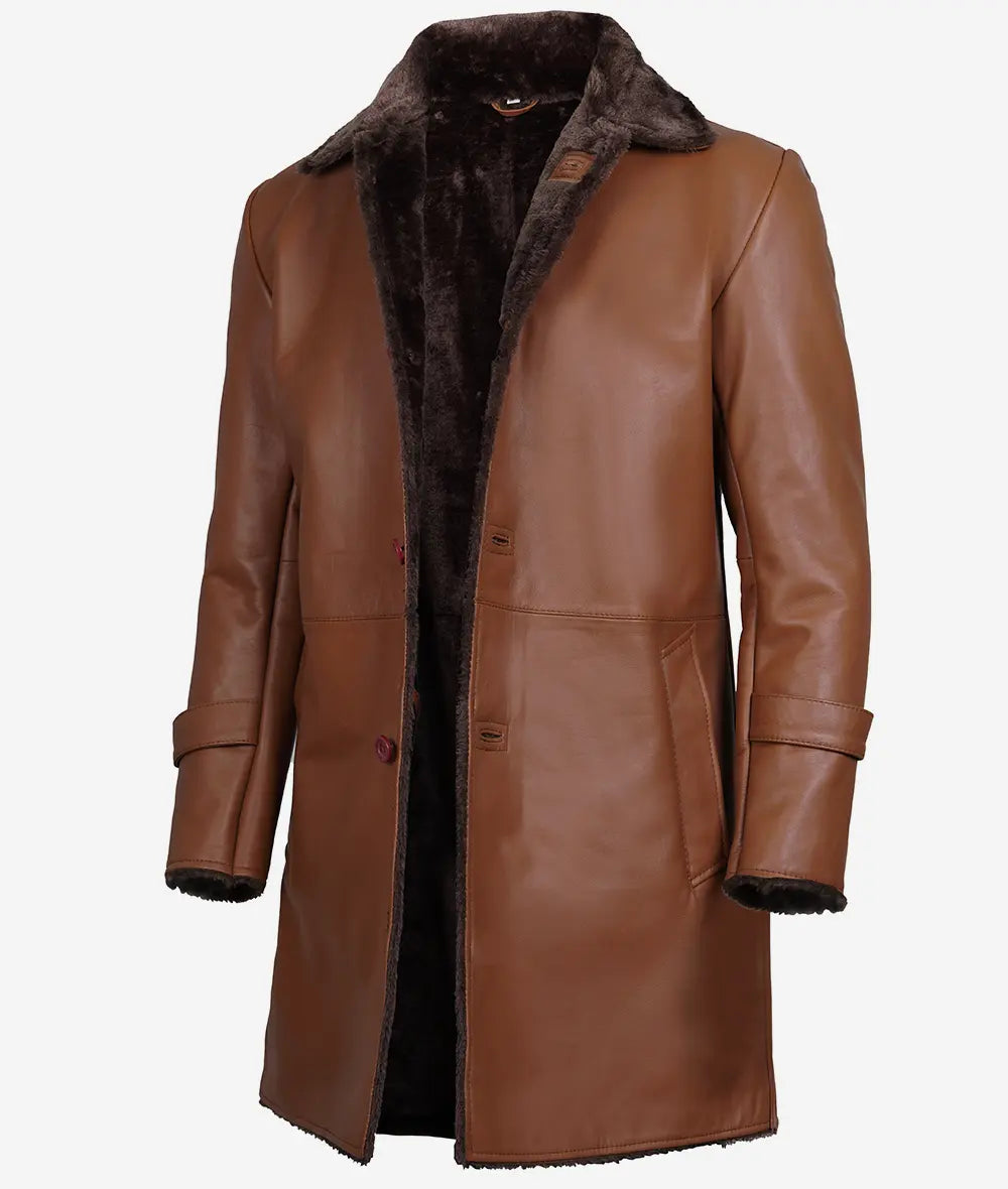 Men's 3/4 Length Shearling Leather Coat in Cognac image 0
