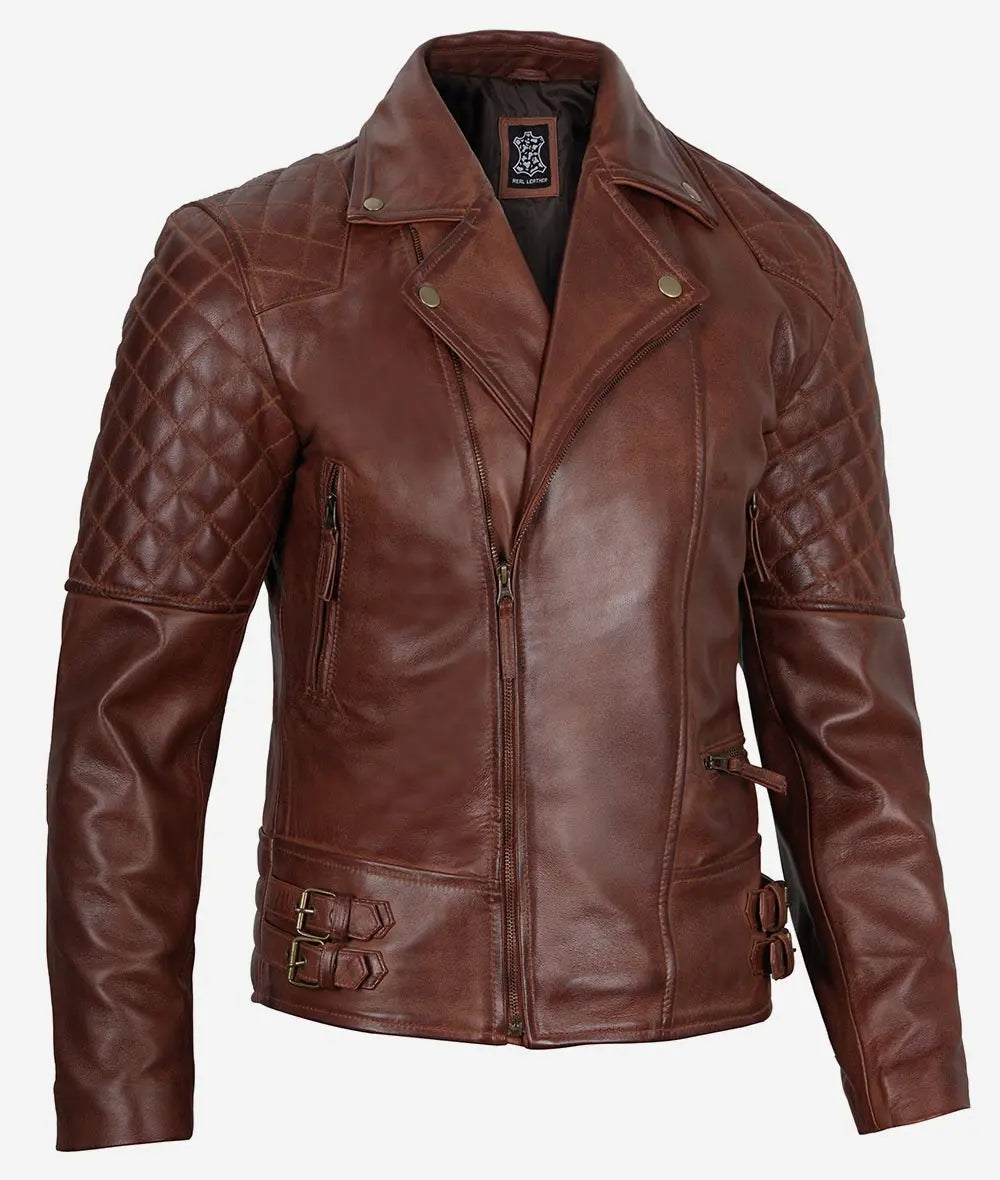 Men's Cognac Brown Leather Biker Jacket image 1