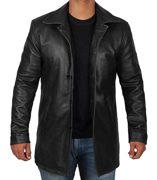 Men's Button Down Real Leather Black Car Coat image 0