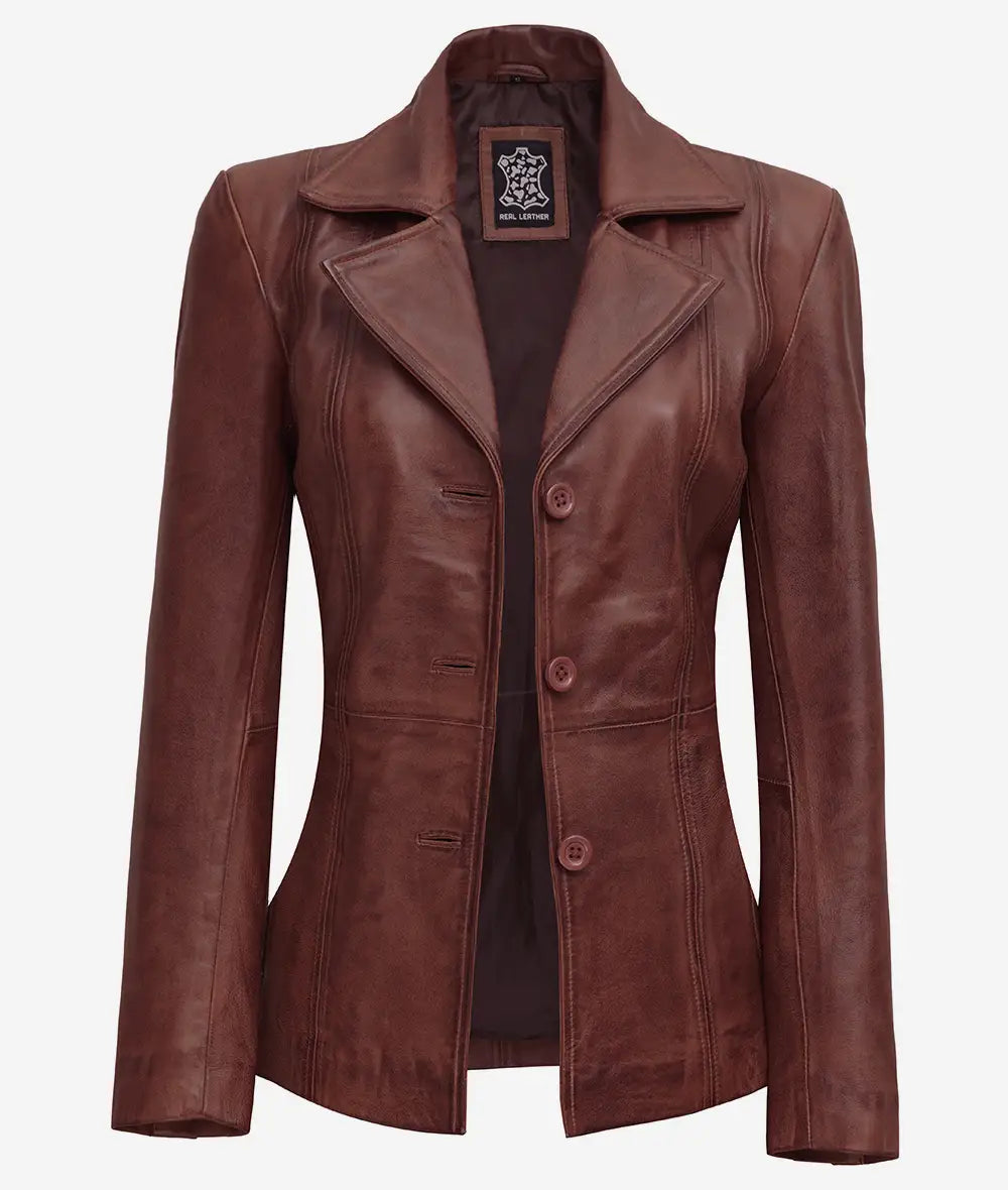 Women's Cognac Button Down Leather Blazer image 0
