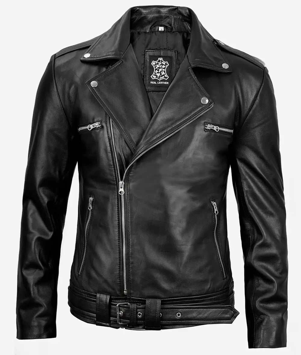 Men's Negan Black Asymmetrical Moto Leather Jacket image 0